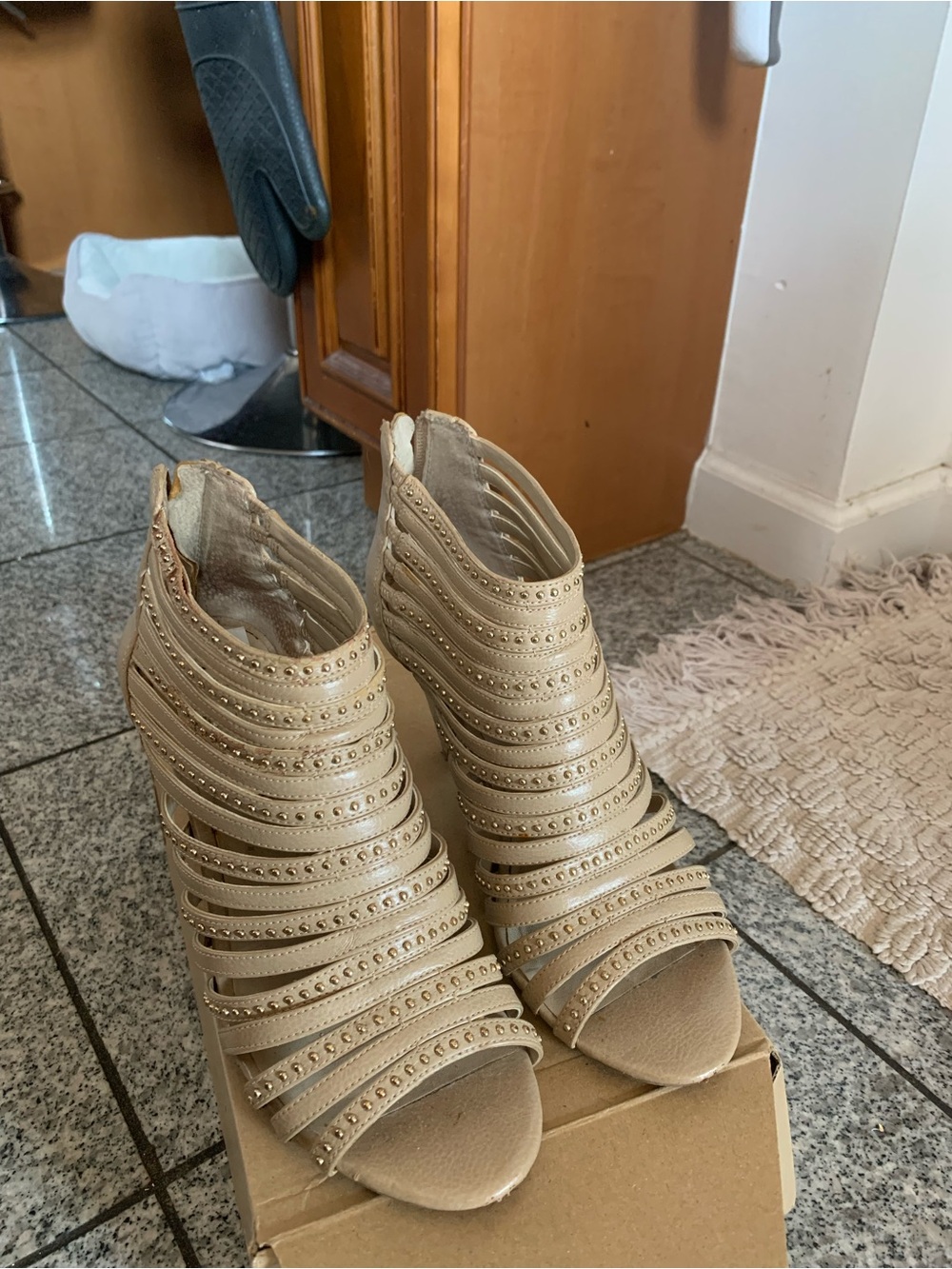 INC International Concepts Beige Strappy Studded Peep-Toe Sandals